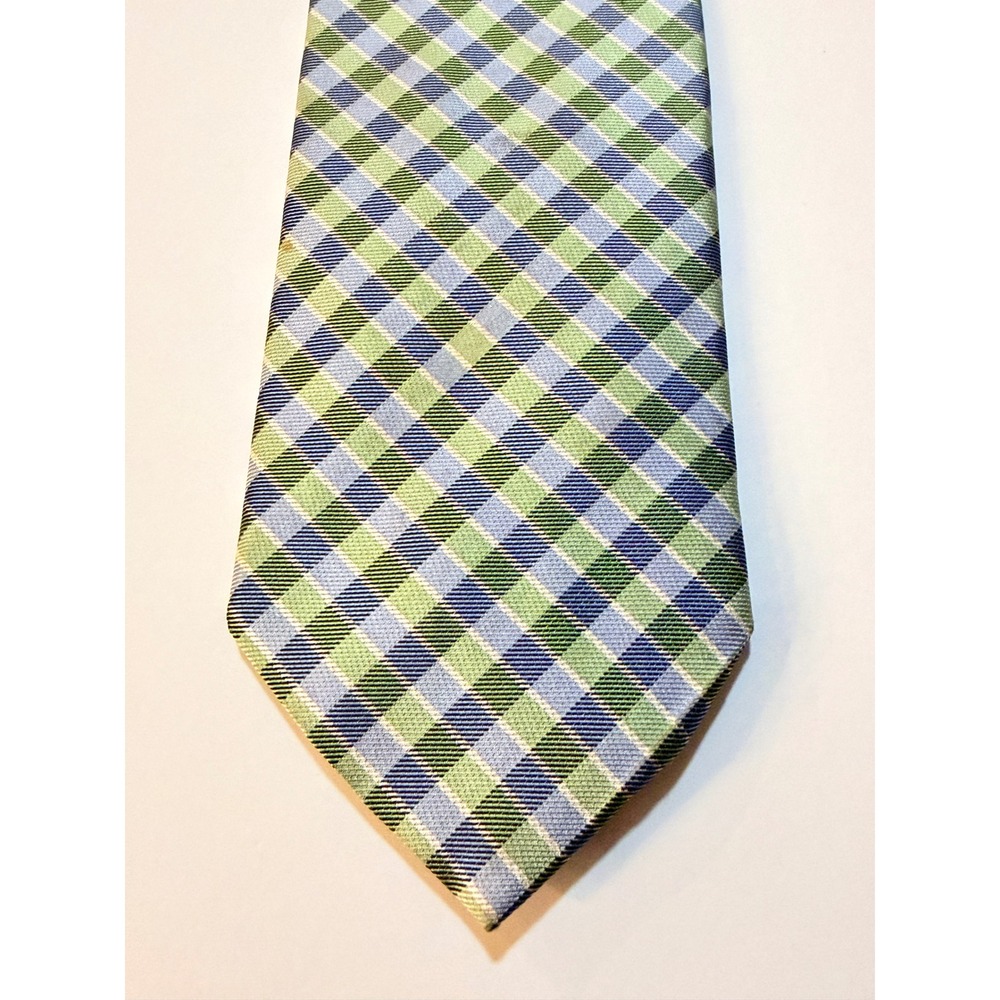 Tommy‎ Hilfiger Tie Green Blue White Plaid Silk Classic Preppy Necktie